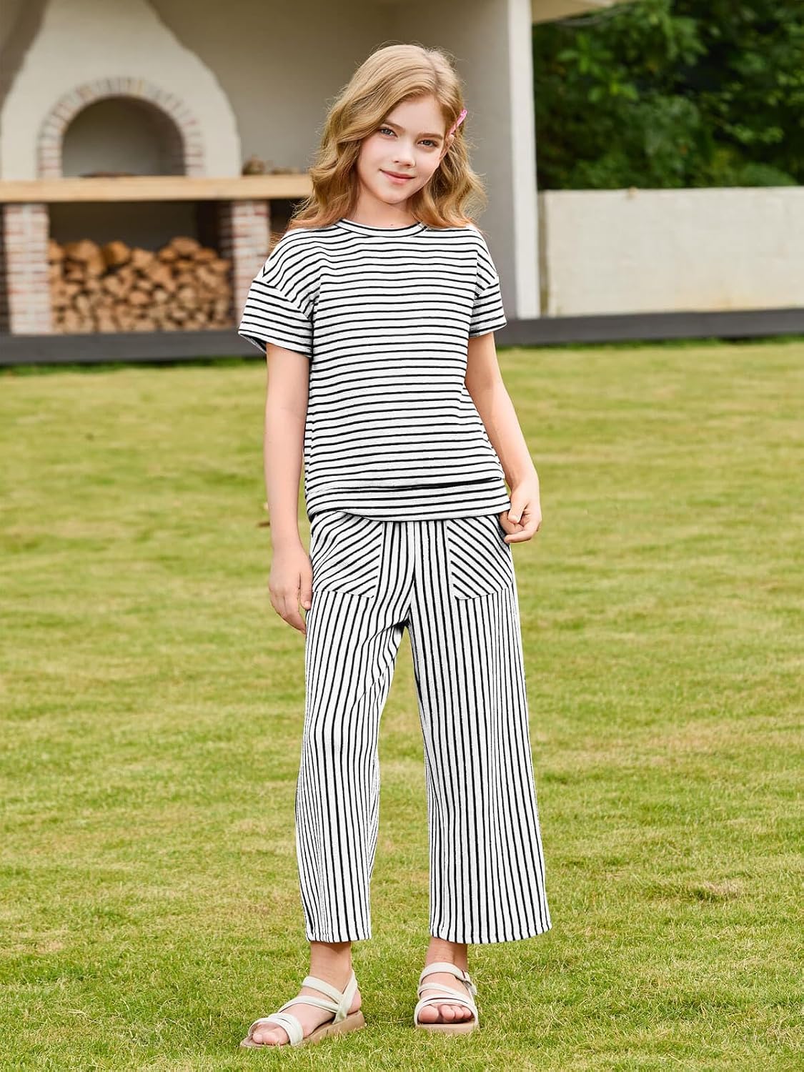 Haloumoning Girls Striped 2 Piece Outfits Short Sleeve T Shirts Wide Leg Pants Matching Lounge Set with Pockets