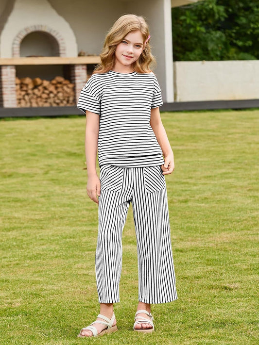 Haloumoning Girls Striped 2 Piece Outfits Short Sleeve T Shirts Wide Leg Pants Matching Lounge Set with Pockets