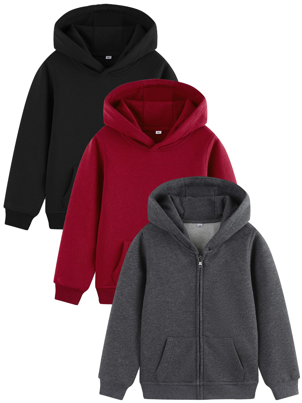 Boys Hoodies 3 Pack Cotton Fleece Pullover & Zip Up Hoodie for Kids