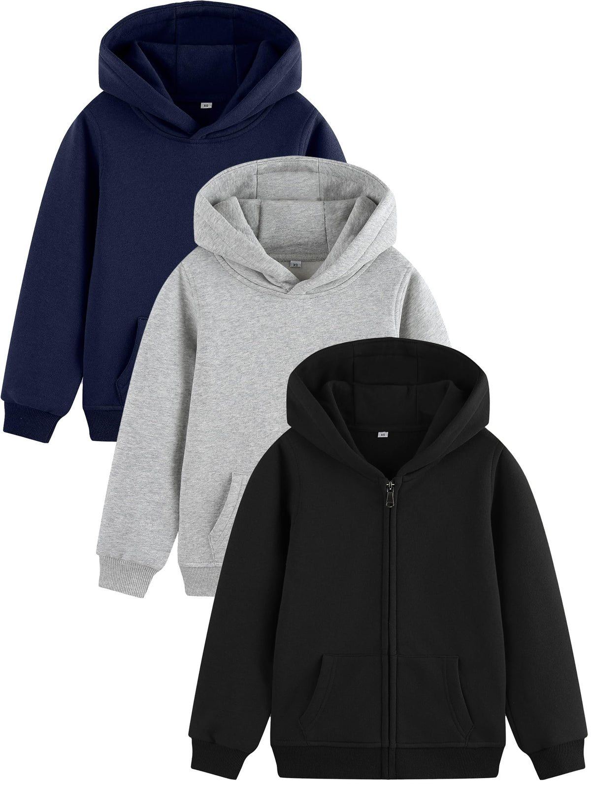 Boys Hoodies 3 Pack Cotton Fleece Pullover & Zip Up Hoodie for Kids