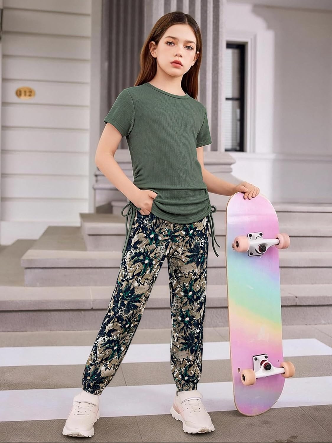 Girls Clothes Ruched Drawstring Short Sleeve Knit Top and Camo Print Pants 2 Piece Girls Outfits