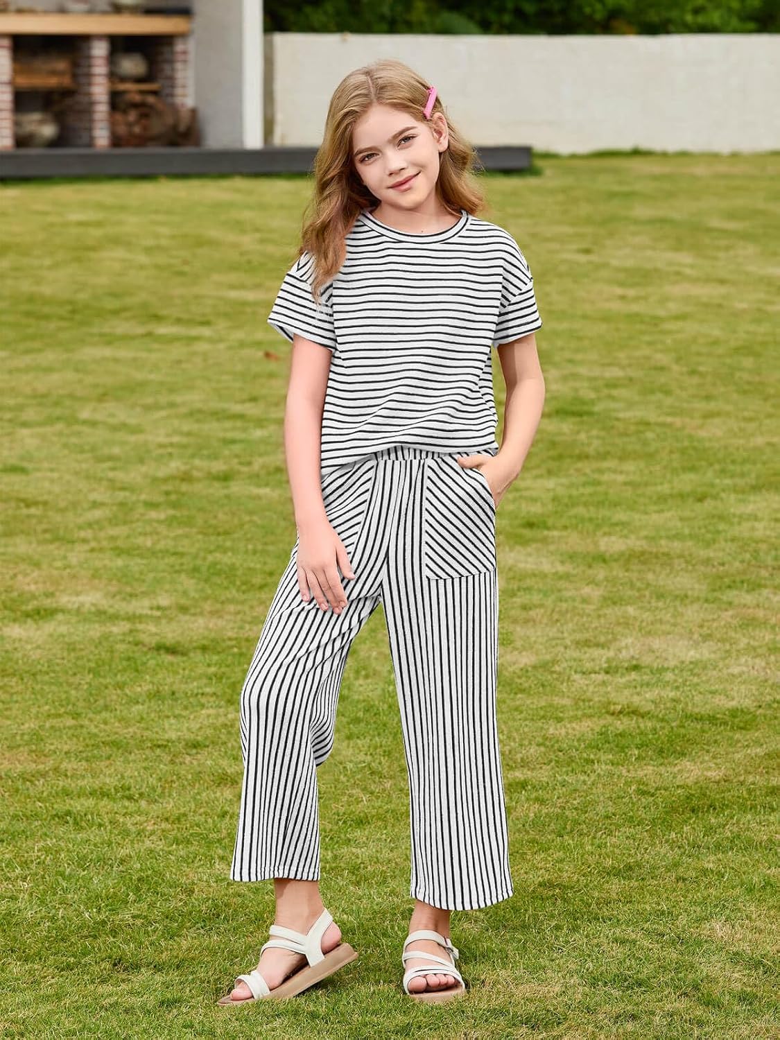 Haloumoning Girls Striped 2 Piece Outfits Short Sleeve T Shirts Wide Leg Pants Matching Lounge Set with Pockets