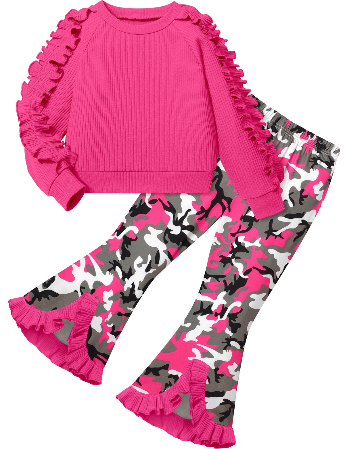 Toddler Girl Clothes Camo Girls Outfits Ruffle Sleeve Tops + Bell Bottom Flared Pants 2 Piece Winter Sweatsuit 2-10T