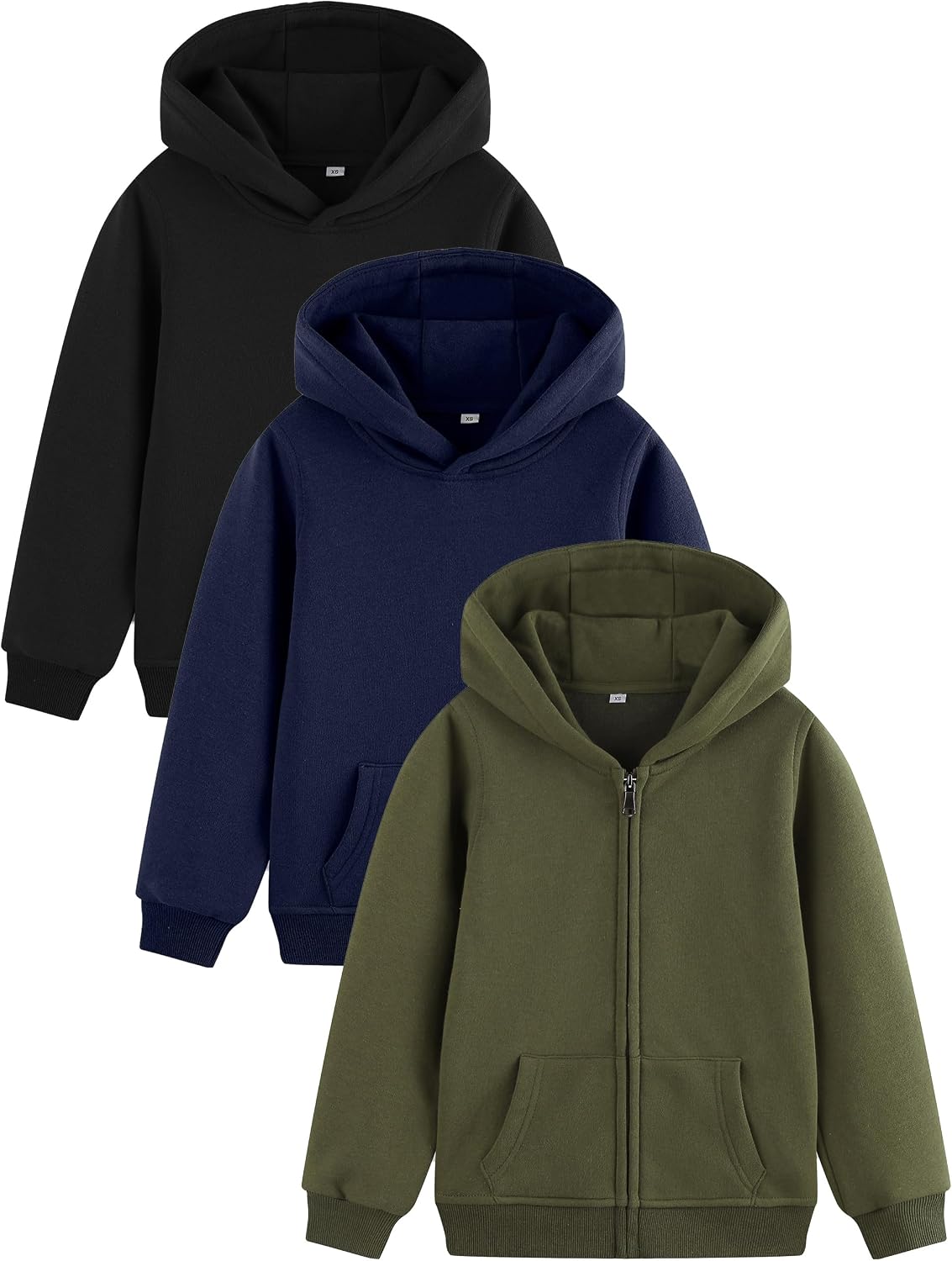 Boys Hoodies 3 Pack Cotton Fleece Pullover & Zip Up Hoodie for Kids