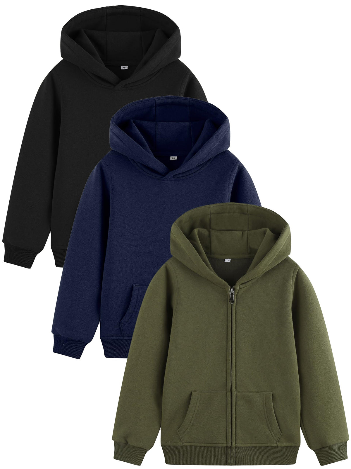 Boys Hoodies 3 Pack Cotton Fleece Pullover & Zip Up Hoodie for Kids