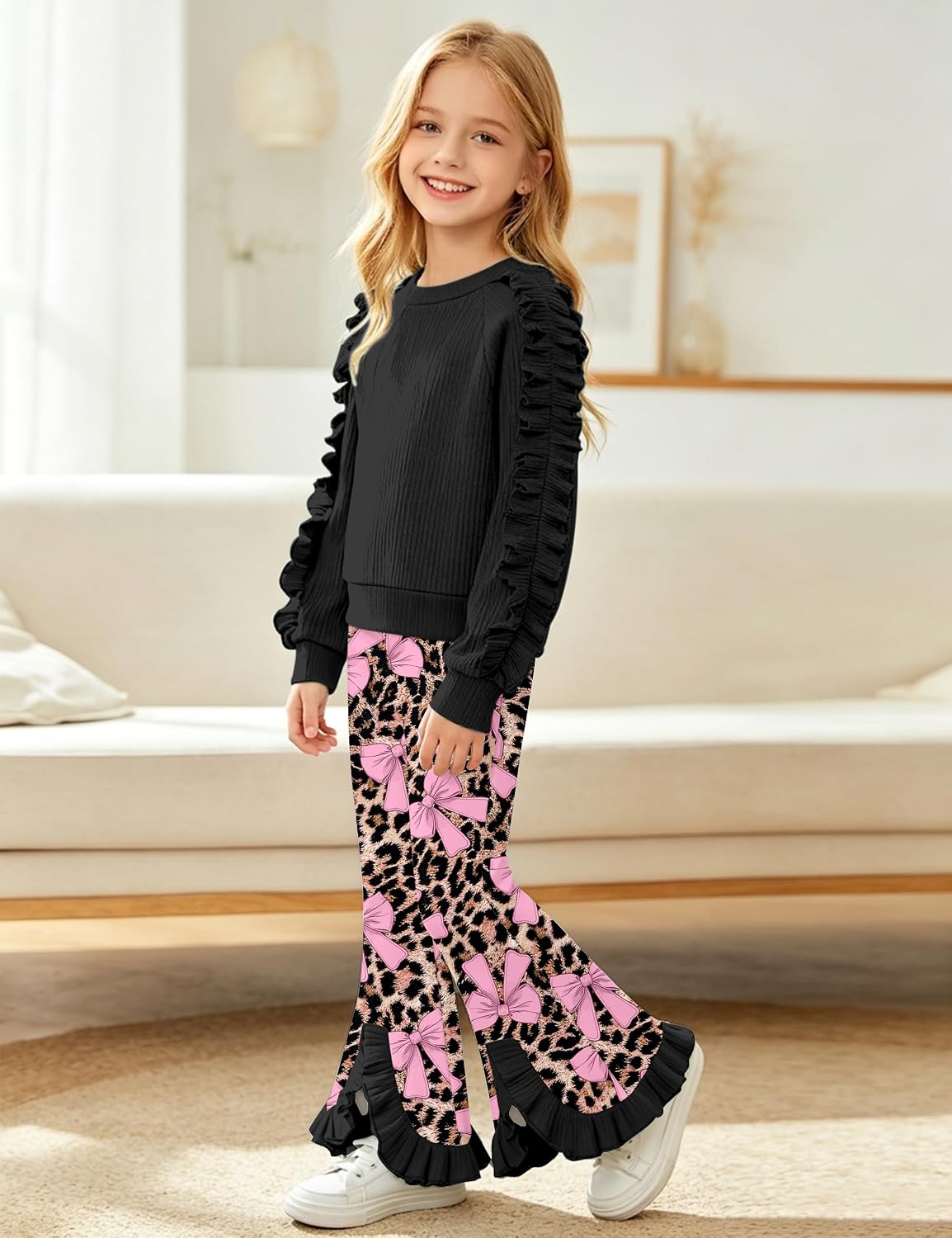 Toddler Girl Clothes Camo Girls Outfits Ruffle Sleeve Tops + Bell Bottom Flared Pants 2 Piece Winter Sweatsuit 2-10T
