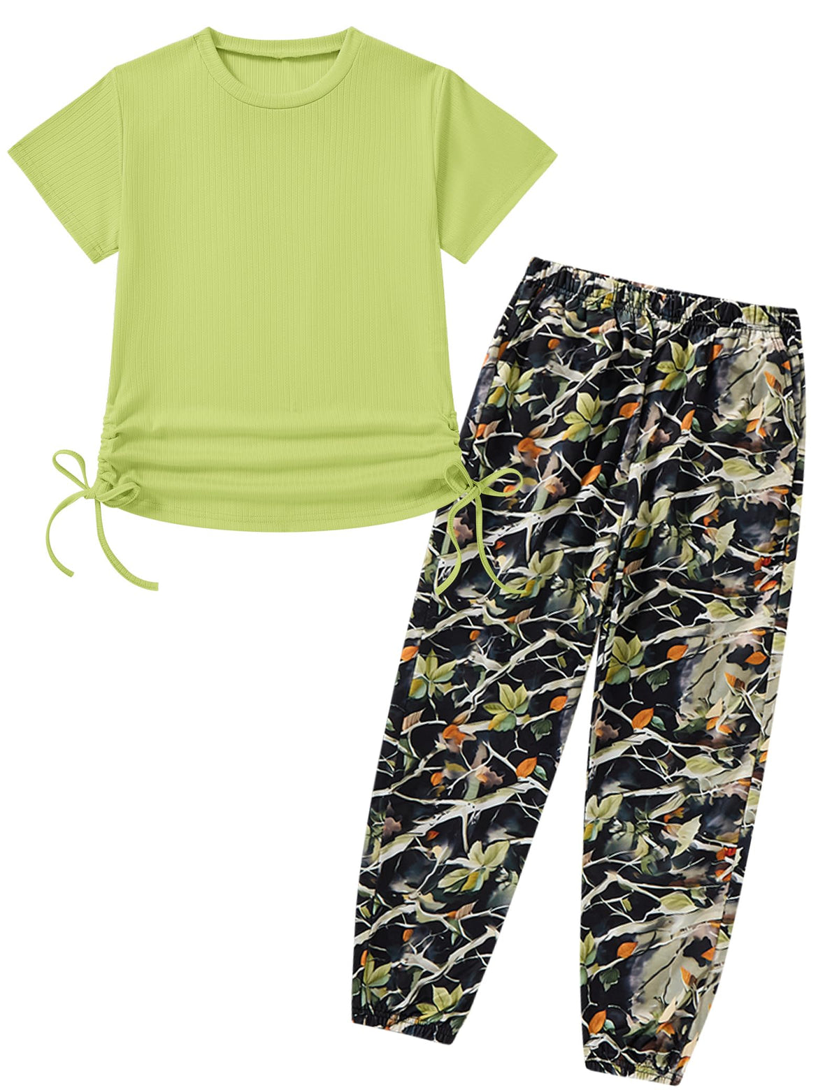 Girls Clothes Ruched Drawstring Short Sleeve Knit Top and Camo Print Pants 2 Piece Girls Outfits