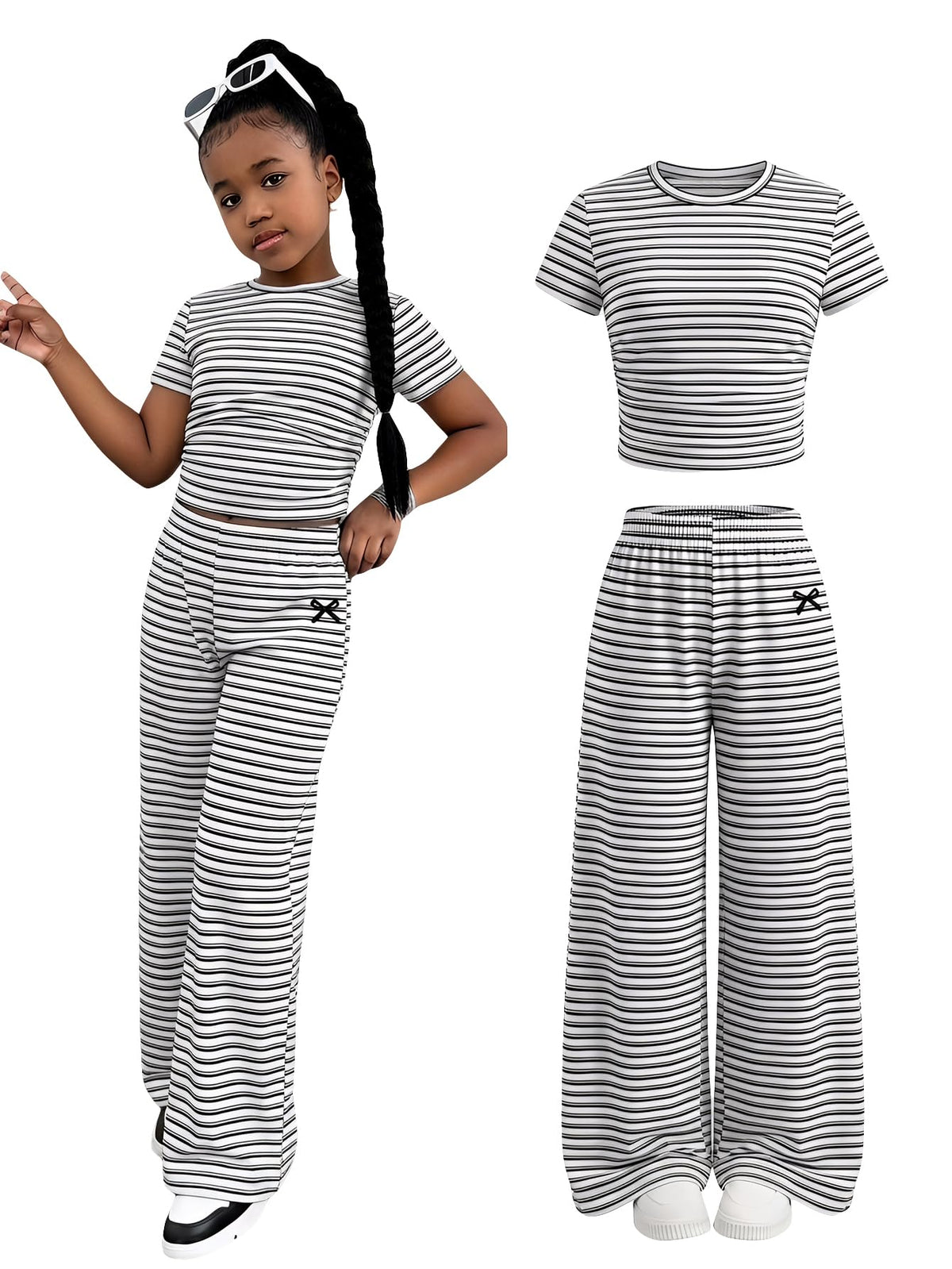 SOLY HUX Girl's Bow Print Short Sleeve T Shirt Pants Outfits