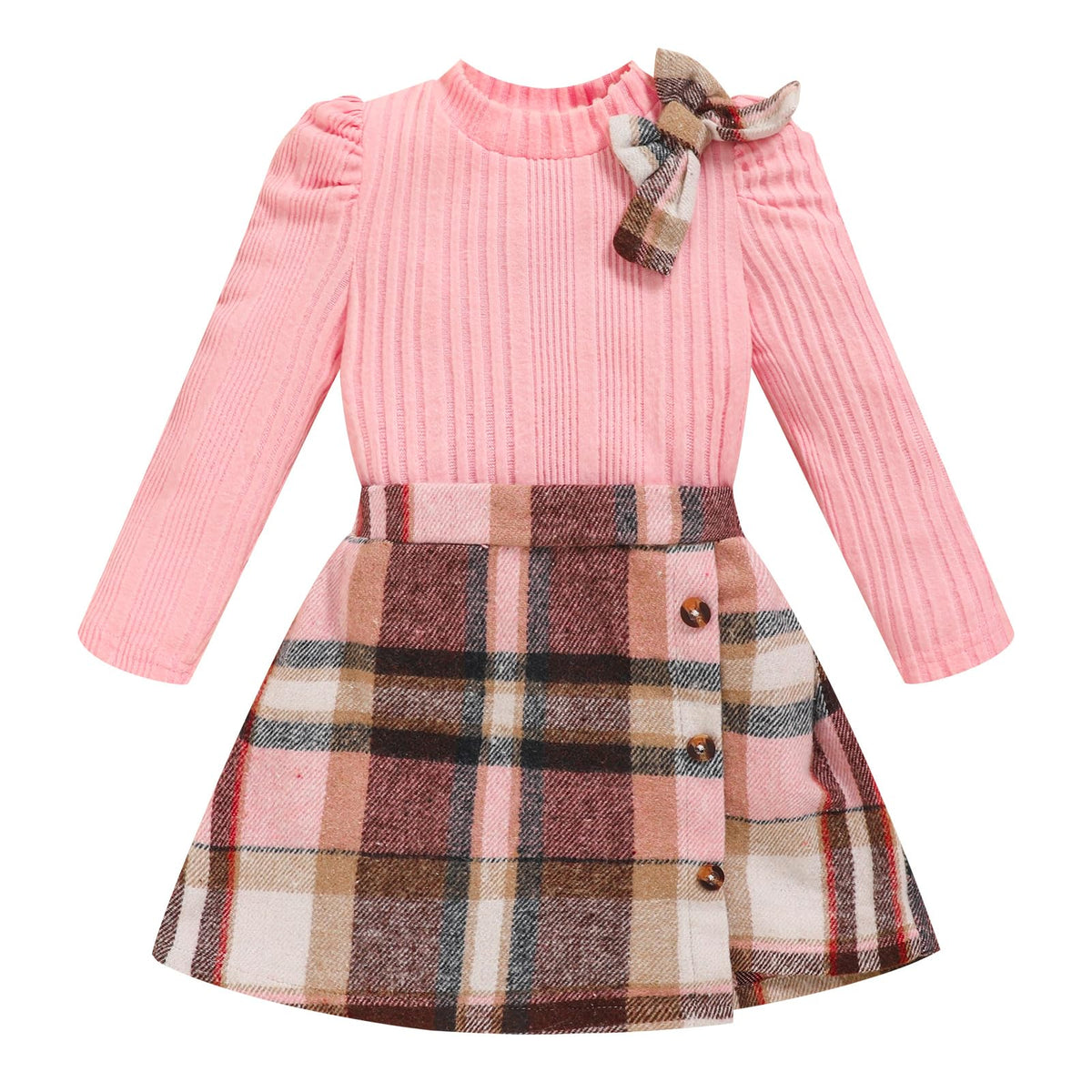 Toddler Girl Plaid Outfits Fall Winter Dress Knit Ribbed Bow Sweatshirt Tops and Button Fashion Skirts Set