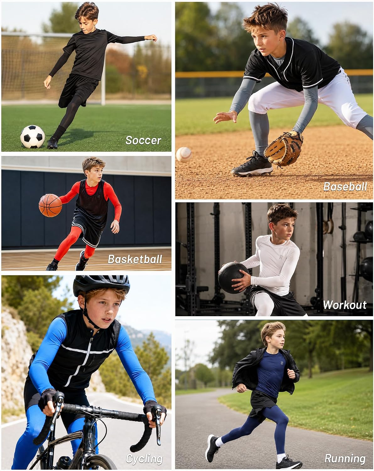 Runhit Boys Compression Shirts & Pants Set Youth Football Long Sleeve Undershirts Leggings Kids Sport Base Layer Tights UPF50