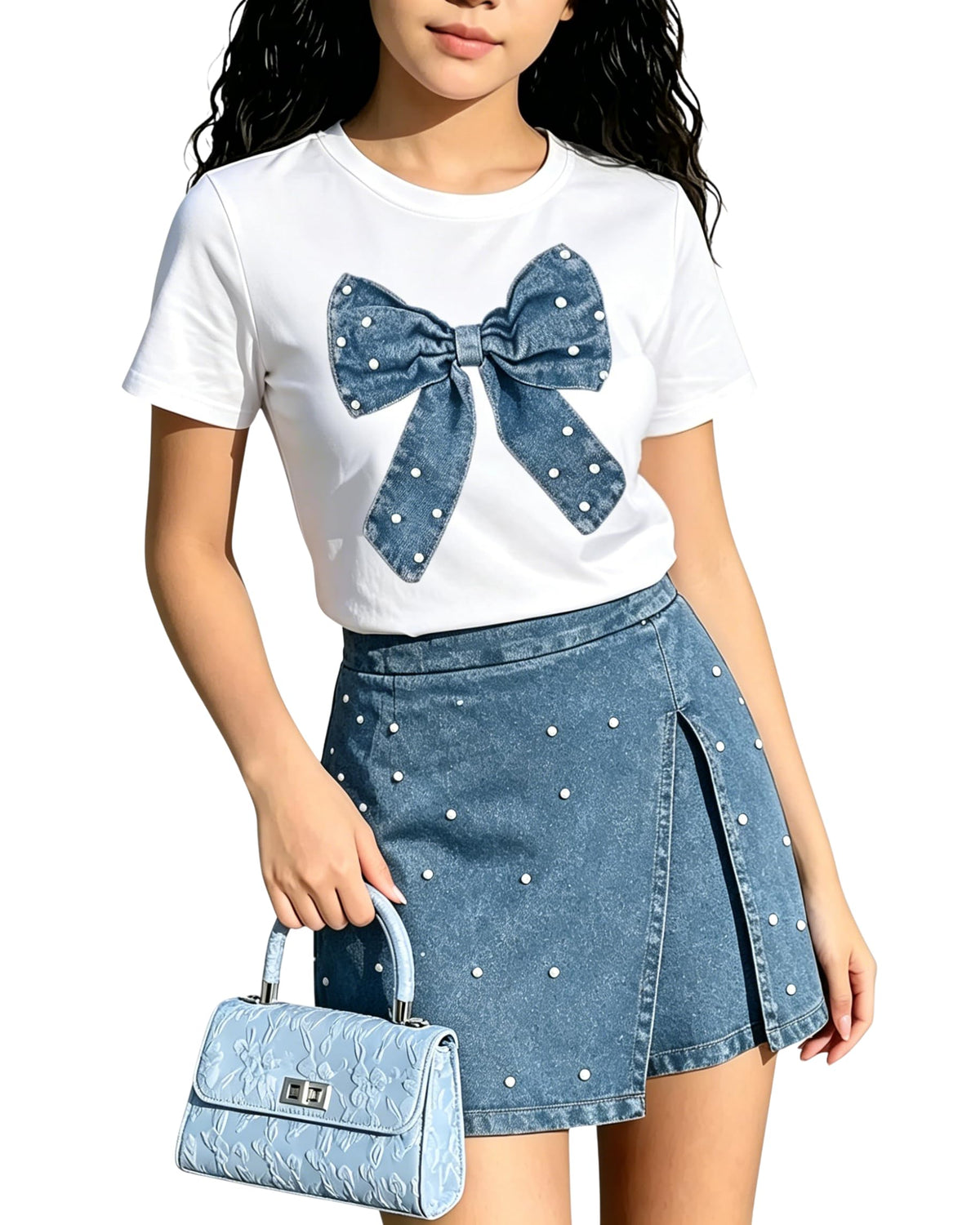 6-12Y Girls Summer Clothes Short Sleeve Bow Print T-Shirt Denim Skirt Shorts Set Tween Girls Outfits Set