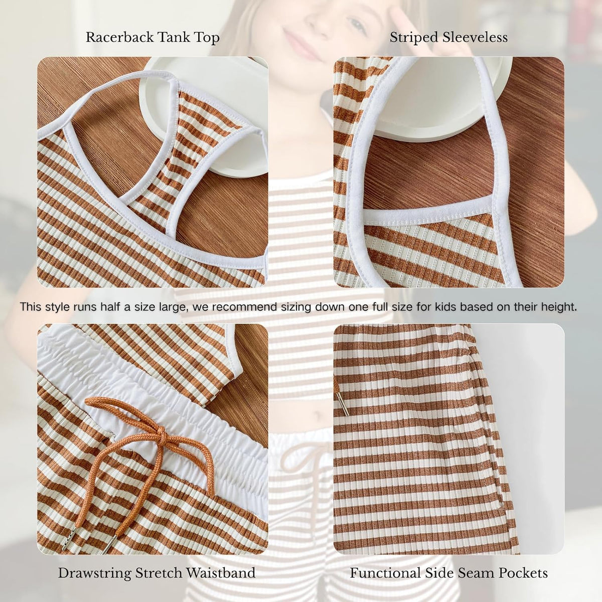 Size 7-14Y Girls Clothes 2 Piece Outfits Striped Tank Top Drawstring Shorts Teen Girls Summer Clothing Sets