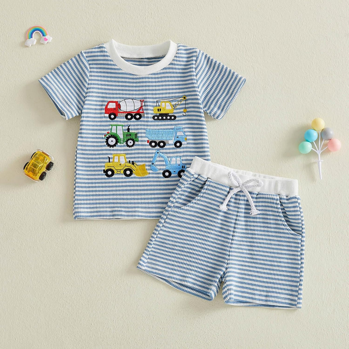Toddler Baby Boy Summer Clothes Waffle Truck Embroidery Short Sleeve Tops T-Shirt and Shorts Sets Cute 2Pcs Outfits