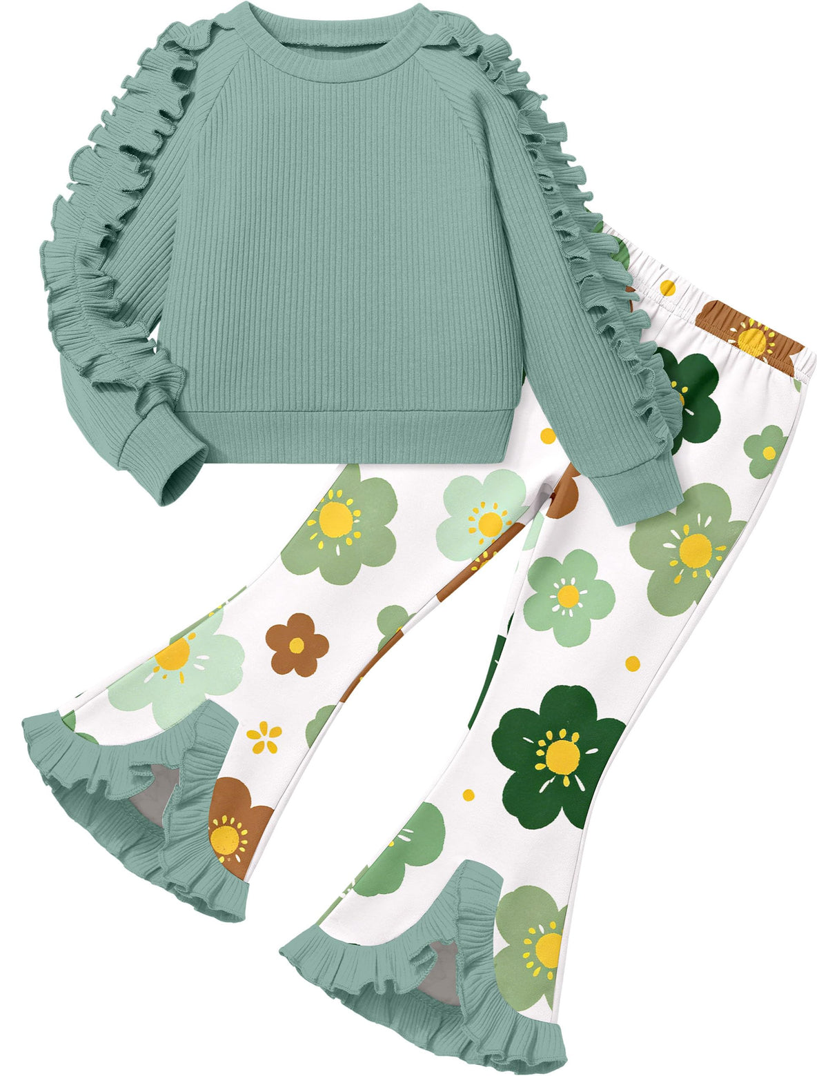 Toddler Girl Clothes Camo Girls Outfits Ruffle Sleeve Tops + Bell Bottom Flared Pants 2 Piece Winter Sweatsuit 2-10T