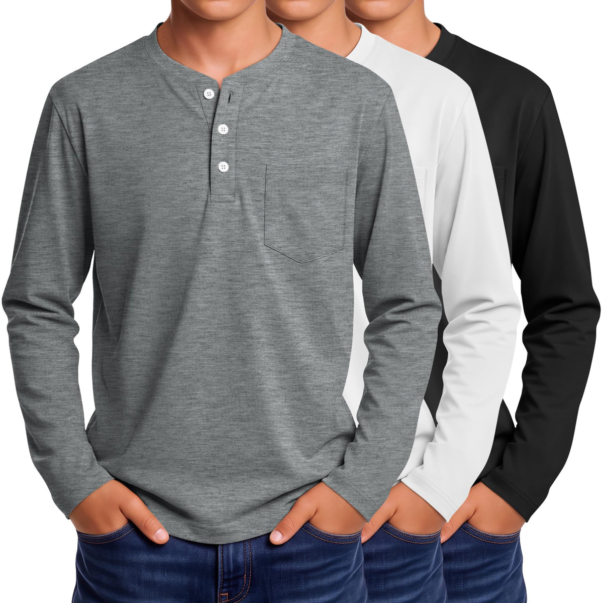 3 Pack Boys' Long Sleeve Shirts Henley Tops