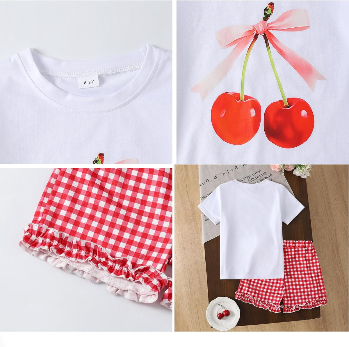 KIDLAGA Girls Shorts Sets 2 Pieces Outfits Bow/Cherry T-Shirt & Plaid Shorts Girls Summer Short Set 6-14Y