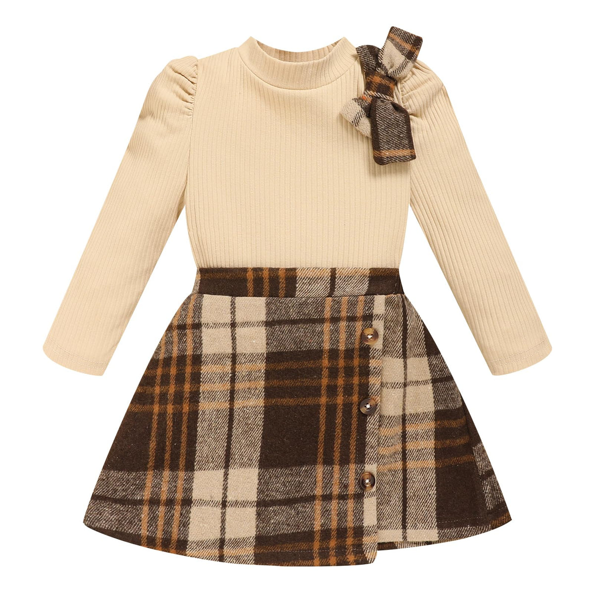 Toddler Girl Plaid Outfits Fall Winter Dress Knit Ribbed Bow Sweatshirt Tops and Button Fashion Skirts Set