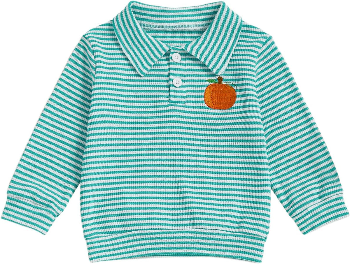 Toddler Baby Boy Halloween Outfit Pumpkin Embroidery Waffle Striped Long Sleeve Polo Shirt Button Up Pullover Top