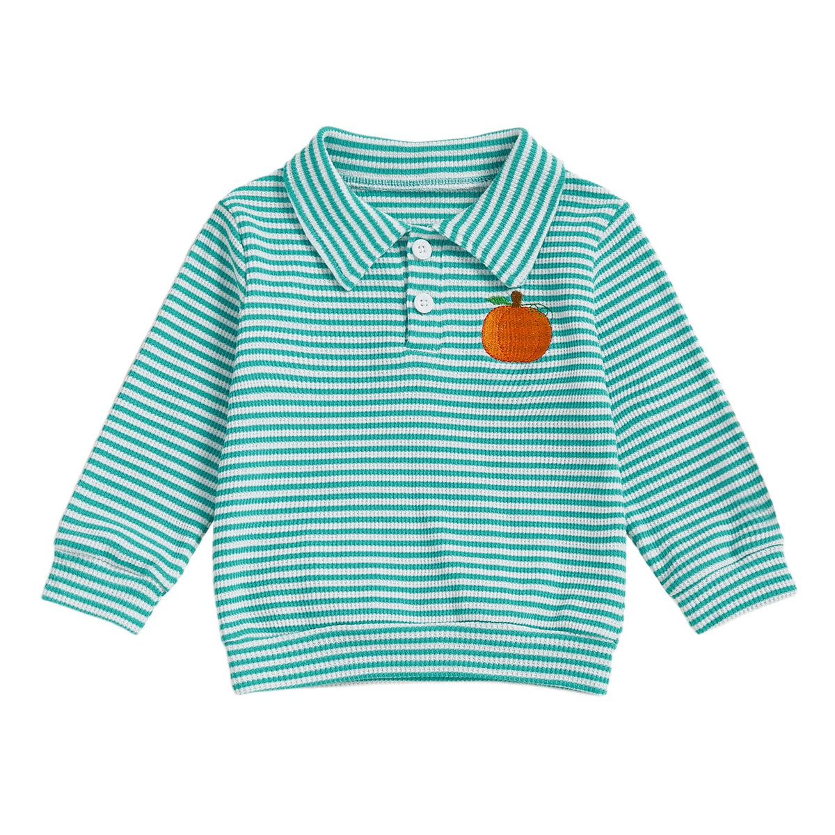 Toddler Baby Boy Halloween Outfit Pumpkin Embroidery Waffle Striped Long Sleeve Polo Shirt Button Up Pullover Top