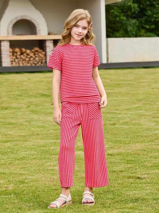 Haloumoning Girls Striped 2 Piece Outfits Short Sleeve T Shirts Wide Leg Pants Matching Lounge Set with Pockets