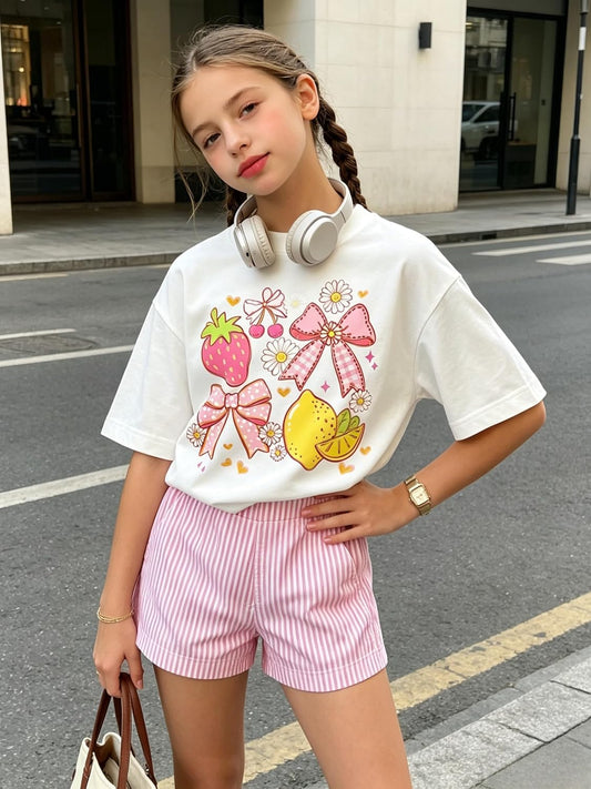 Girls Clothes Summer 2 Piece Outfits Cute Strawberry Lemon Shell Graphic Tee+ Striped Shorts Set Kids Clothing Sets