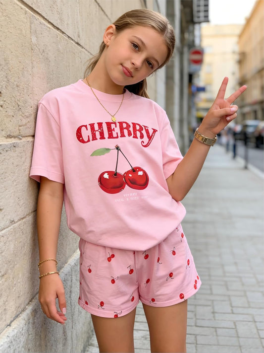 KIDLAGA Girls Two Piece Sets Cherry Pattern Short Sleeve Shirts and Shorts Set With Pockets Girls Summer Outfits Size 7-14
