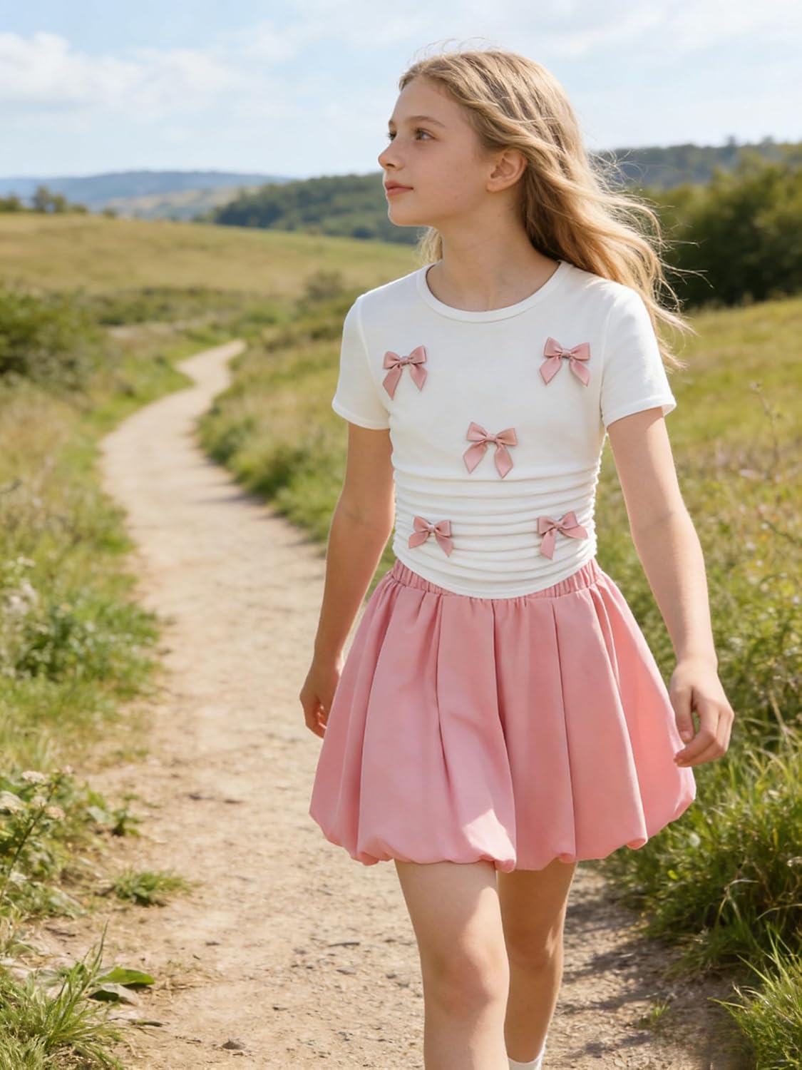Teenage Girls Puffy Skirt Set with Cute Bowknot Top Teen Summer Skirt Outfit Puffy Skirt for Teen Girls