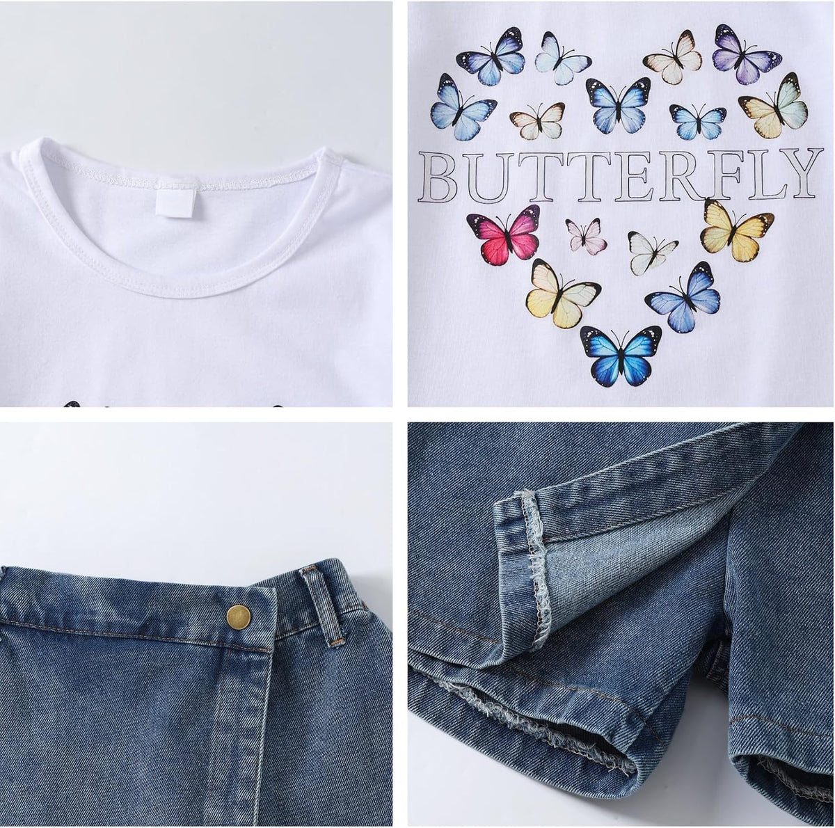 Girls Summer Clothes Butterfly Print Short Sleeve Tops and Denim Skirt Shorts Set Cute Outfits for Kids Girls 5-12Y