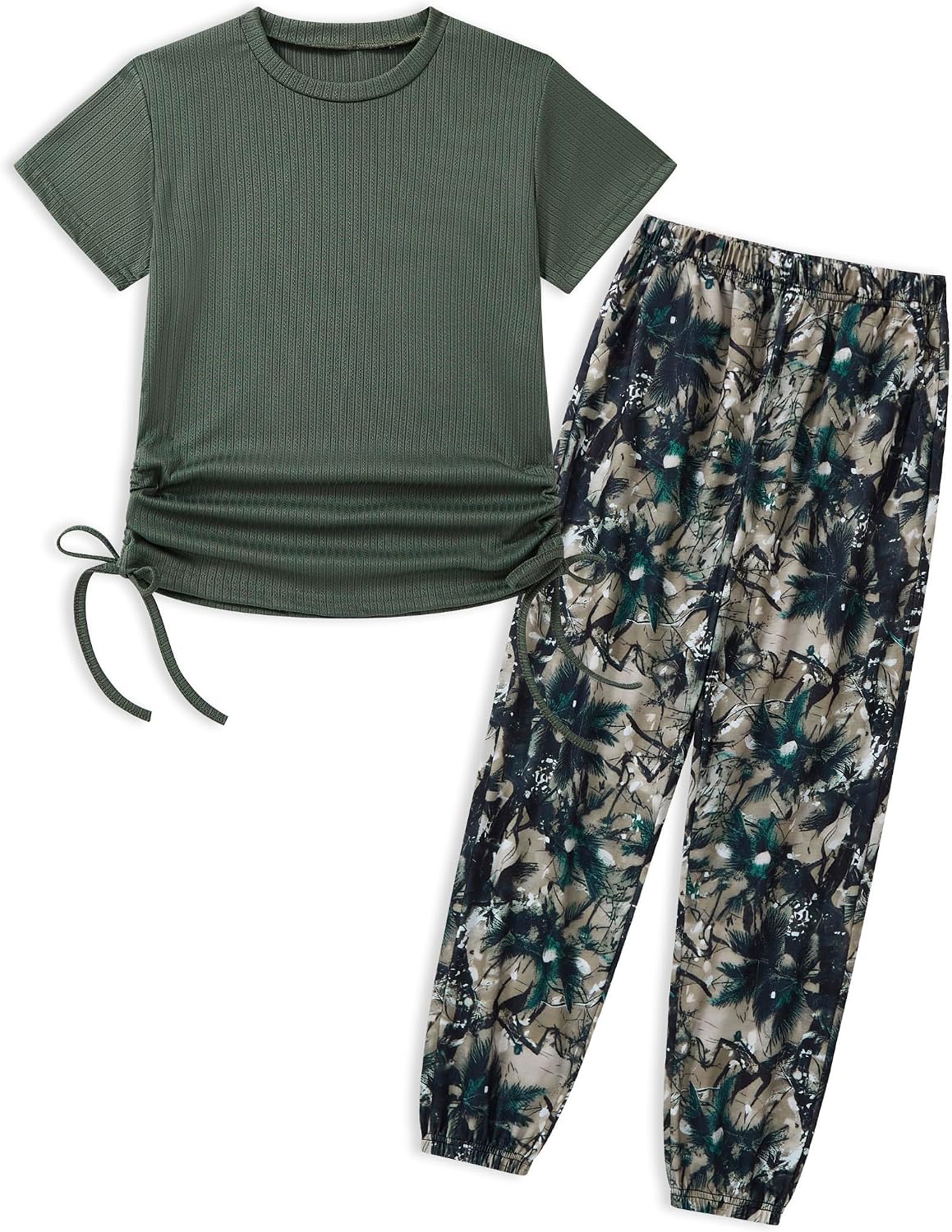 Girls Clothes Ruched Drawstring Short Sleeve Knit Top and Camo Print Pants 2 Piece Girls Outfits