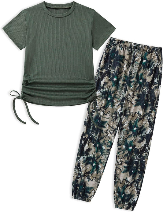 Girls Clothes Ruched Drawstring Short Sleeve Knit Top and Camo Print Pants 2 Piece Girls Outfits