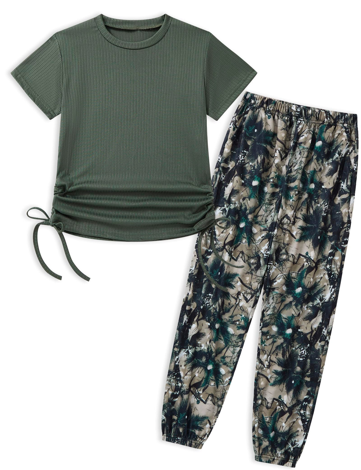 Girls Clothes Ruched Drawstring Short Sleeve Knit Top and Camo Print Pants 2 Piece Girls Outfits