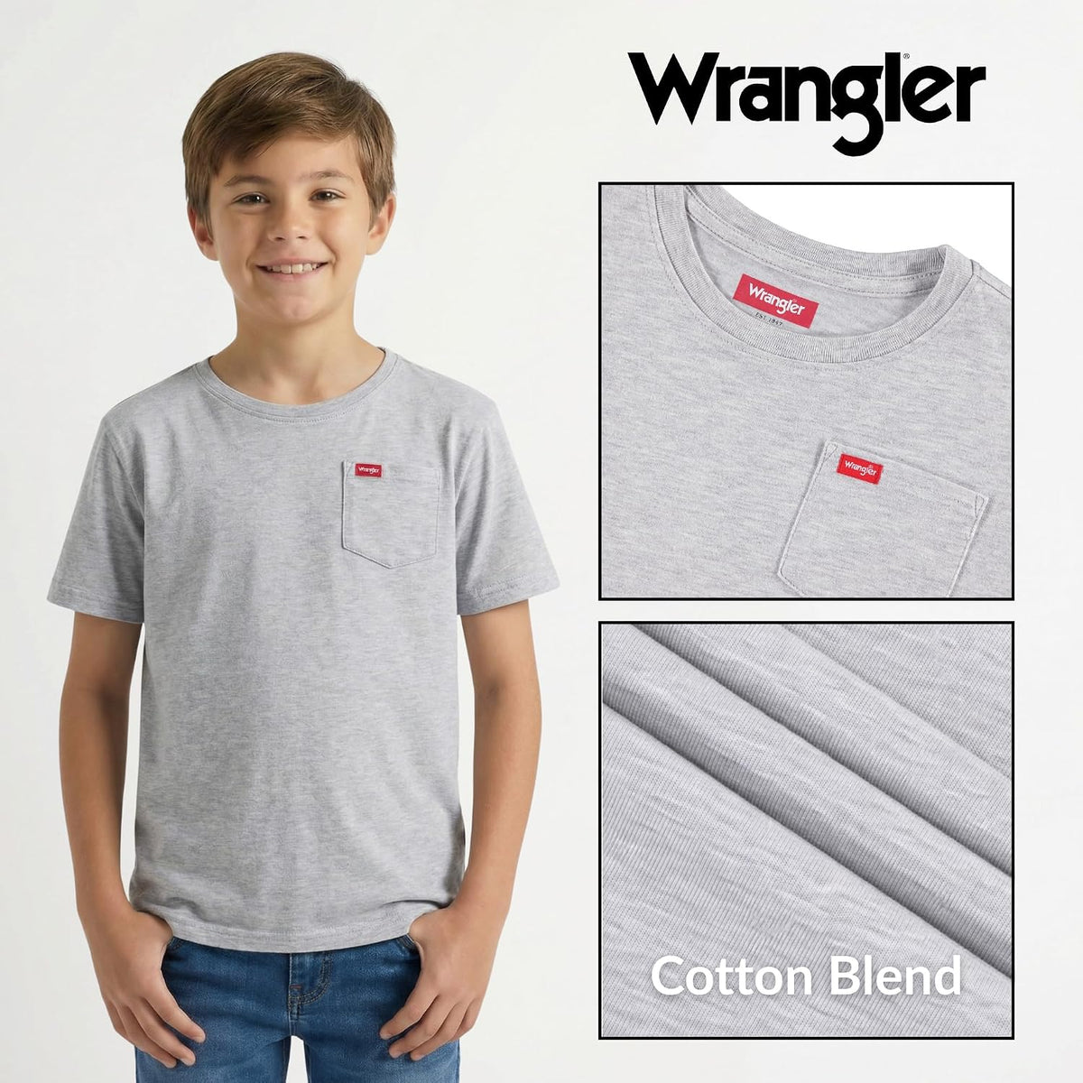 Wrangler Boys T Shirts 2-Pack - Crew Neck Pocket Tee, Soft Cotton Blend