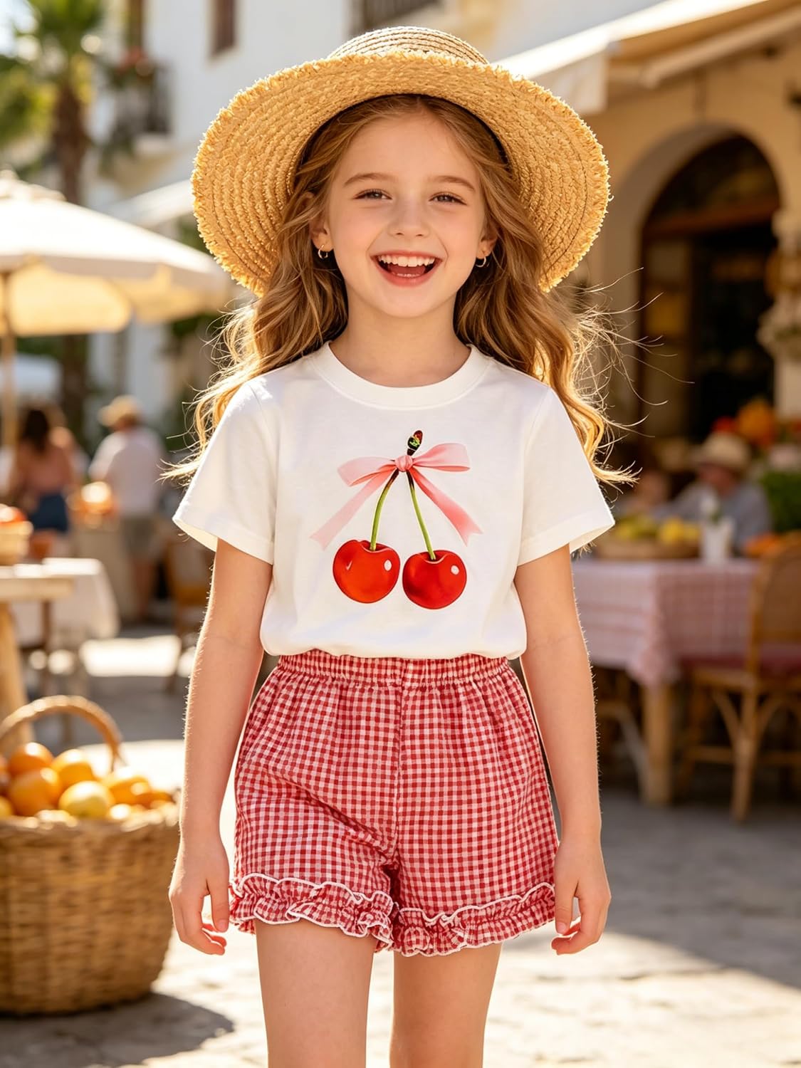 KIDLAGA Girls Shorts Sets 2 Pieces Outfits Bow/Cherry T-Shirt & Plaid Shorts Girls Summer Short Set 6-14Y