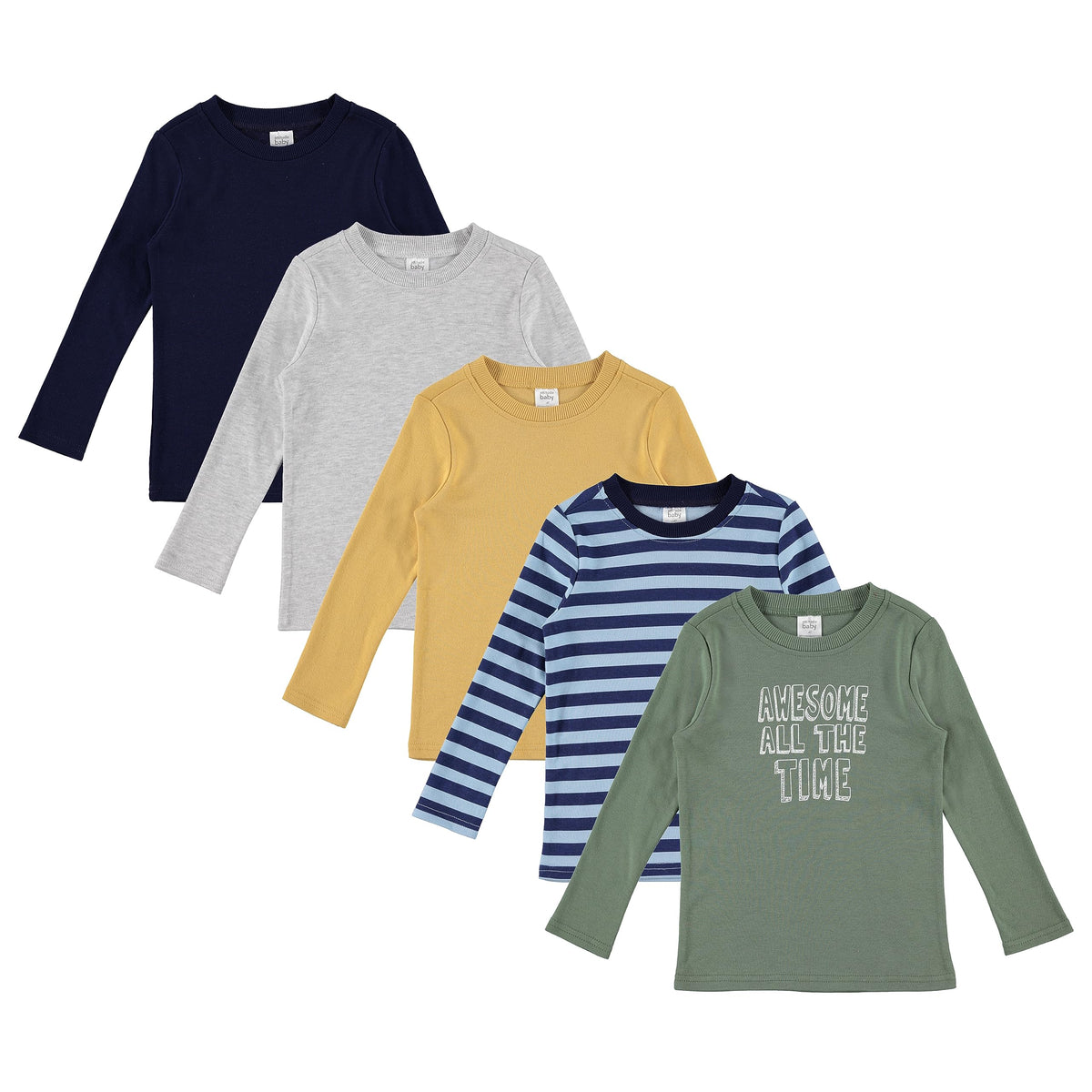 Cudlie 5-Pack Baby/Toddler Boy Long Sleeve Shirt - Basic Tshirt Tops, Light Undershirt - Solid & Striped Tees for Boys