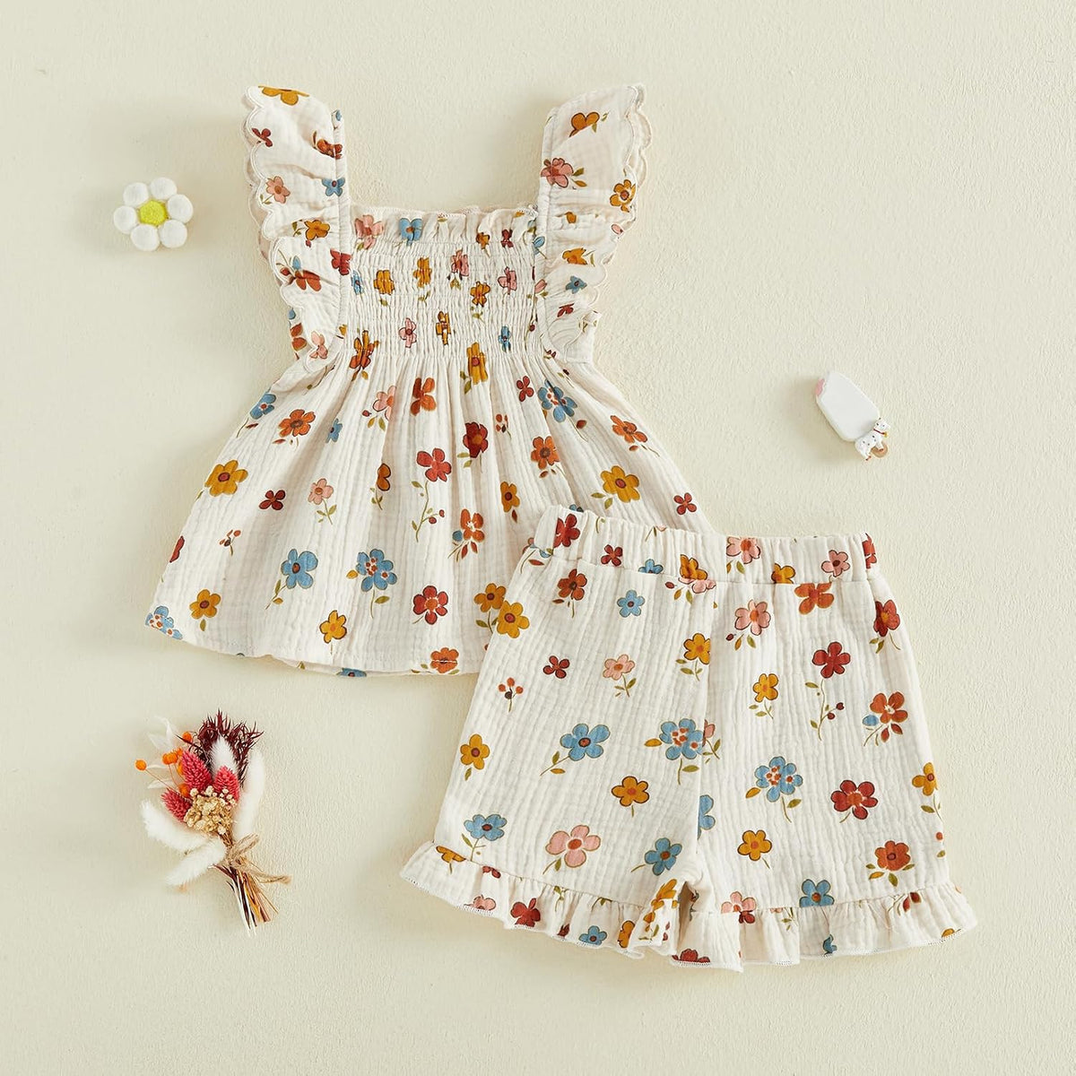 BemeyourBBs Summer Toddler Girl Clothes Baby Girl Ruffle Shirt Shorts Set