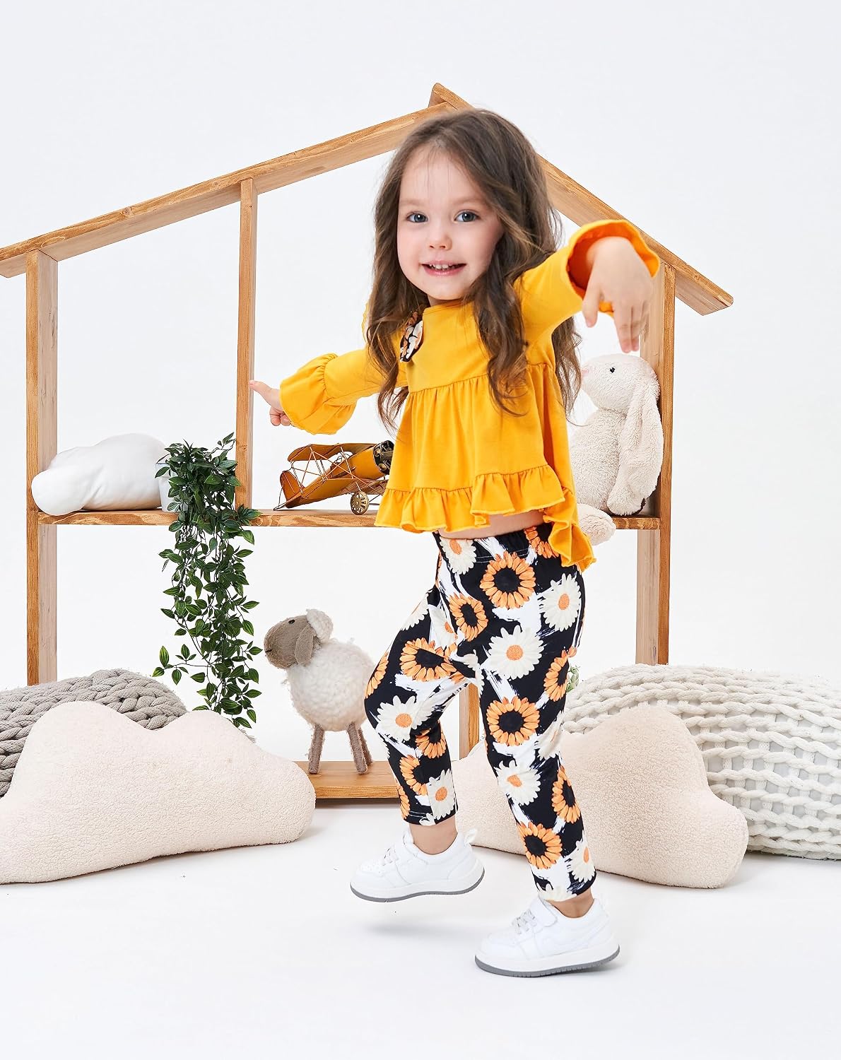 Axumity Kid Girl Clothes Ruffle Sleeve Top Floral Allover Pants 3-9 Years Fall Outfit Set