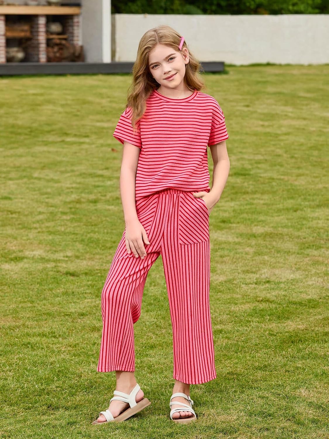 Haloumoning Girls Striped 2 Piece Outfits Short Sleeve T Shirts Wide Leg Pants Matching Lounge Set with Pockets
