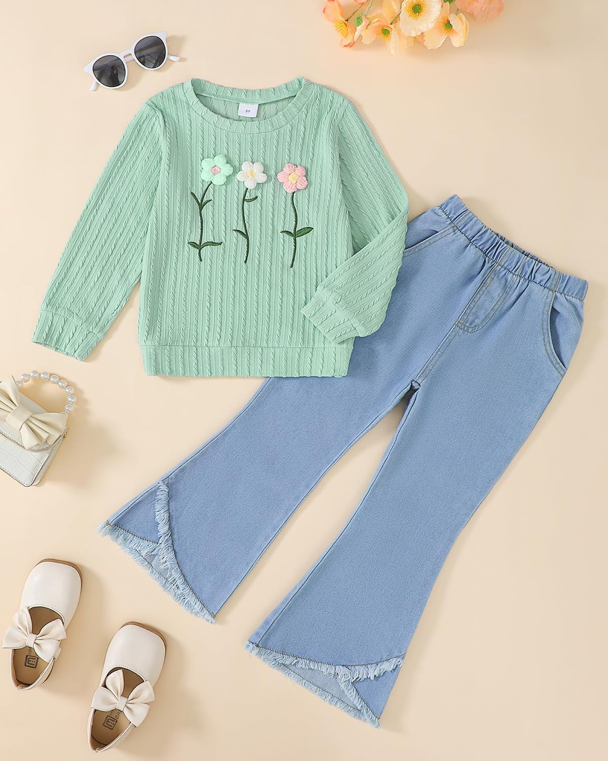 Toddler Girl Clothes Long Sleeve Top and Flare Jeans 2 Piece 2-8Y