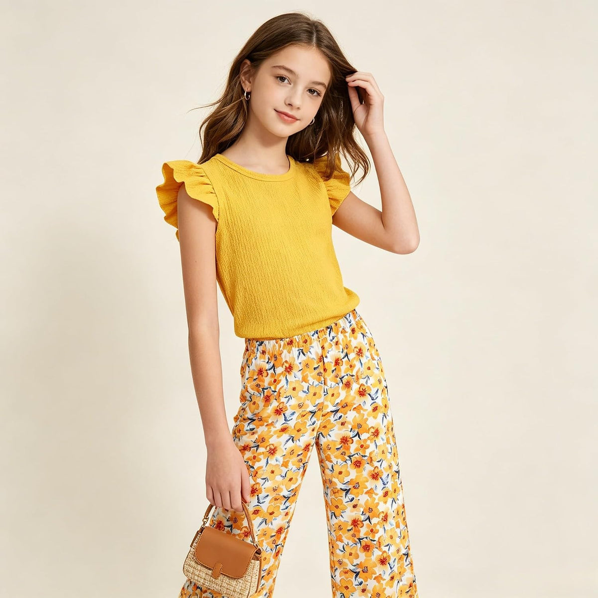 Yoxindax Tween Girls Outfit Set Ruffle Sleeve Smocked Top Floral Print Wide Leg Pants Casual Summer Clothes 7-14 Years