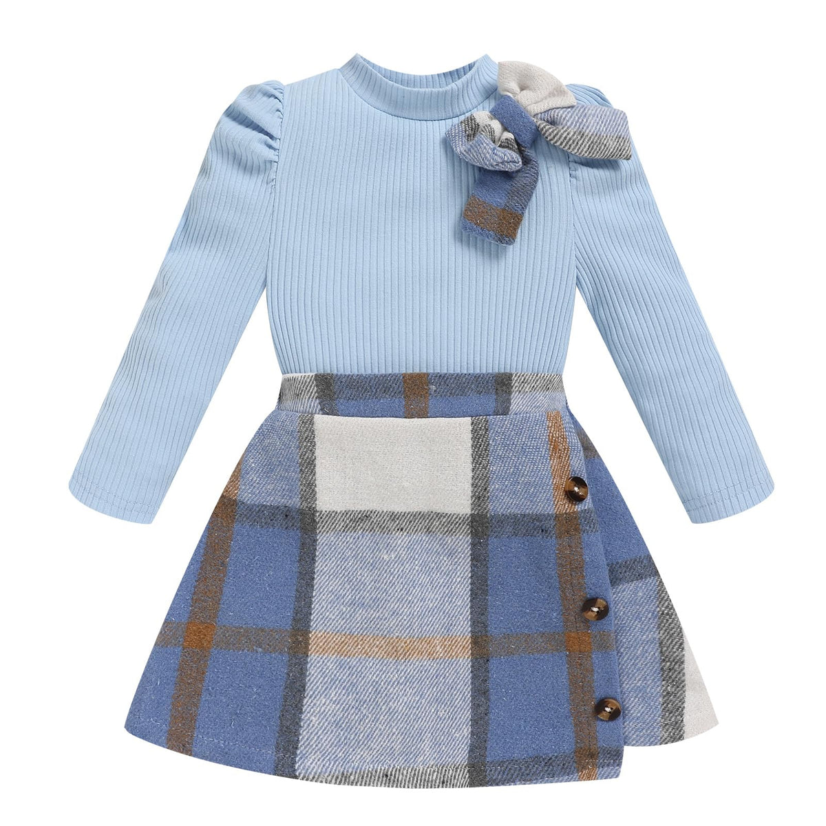Toddler Girl Plaid Outfits Fall Winter Dress Knit Ribbed Bow Sweatshirt Tops and Button Fashion Skirts Set