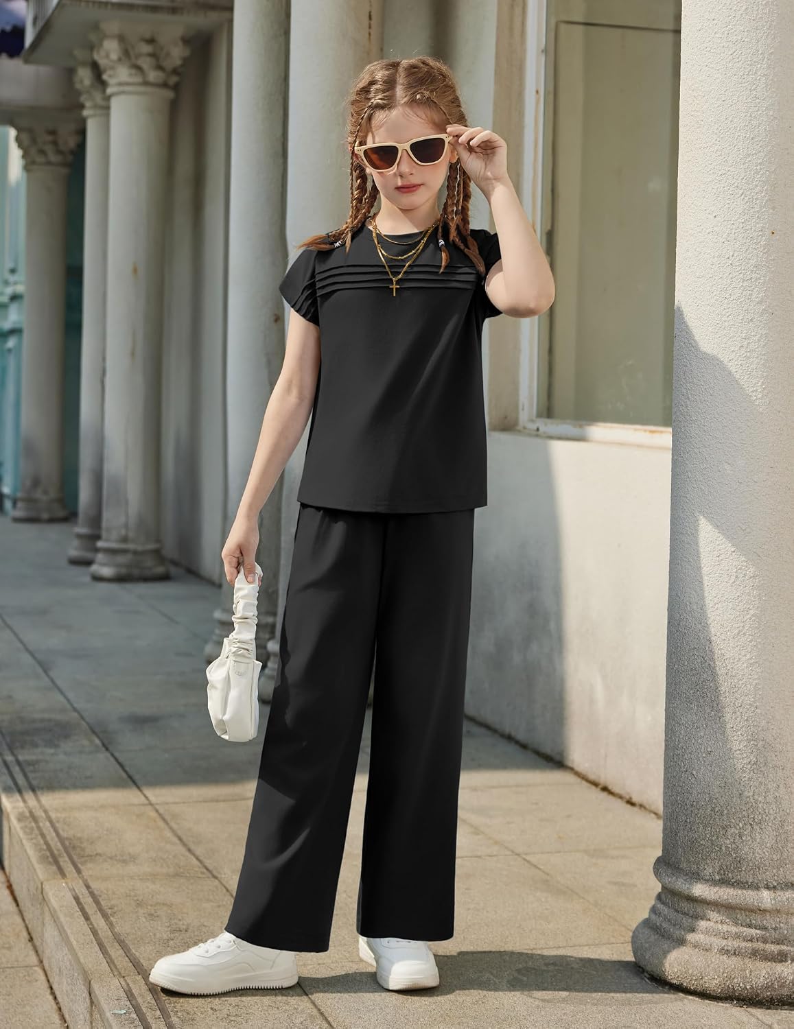 Arshiner Girls 2 Piece Outfits Short Sleeve Crewneck Tops Wide Leg Pant Set