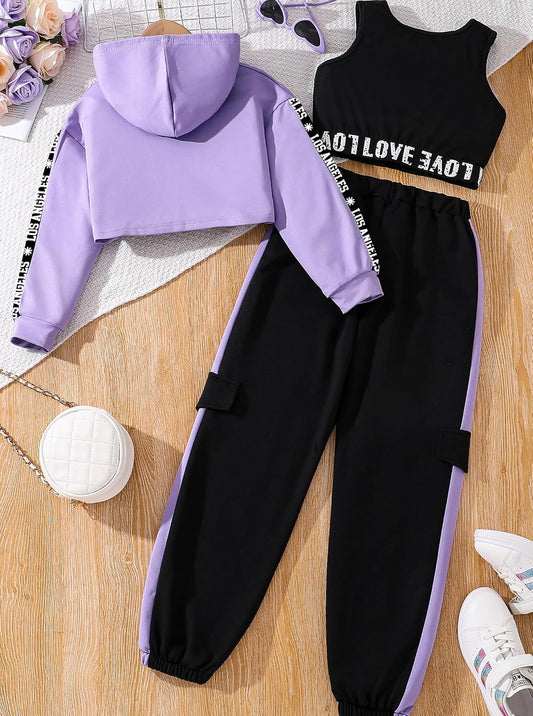 Hilinker Girls 3 Piece Outfits Workout Crop Hoodie Tank Sweatpants