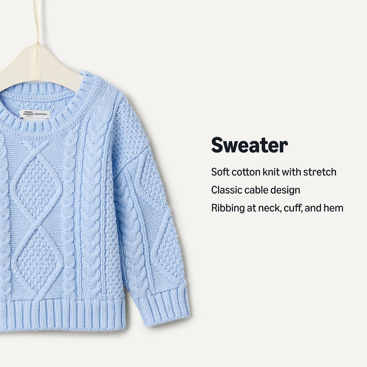 Amazon Essentials x Sofia Grainge Babies, Toddlers and Boys' Cotton Cable Design Crewneck Sweater with Ribbing