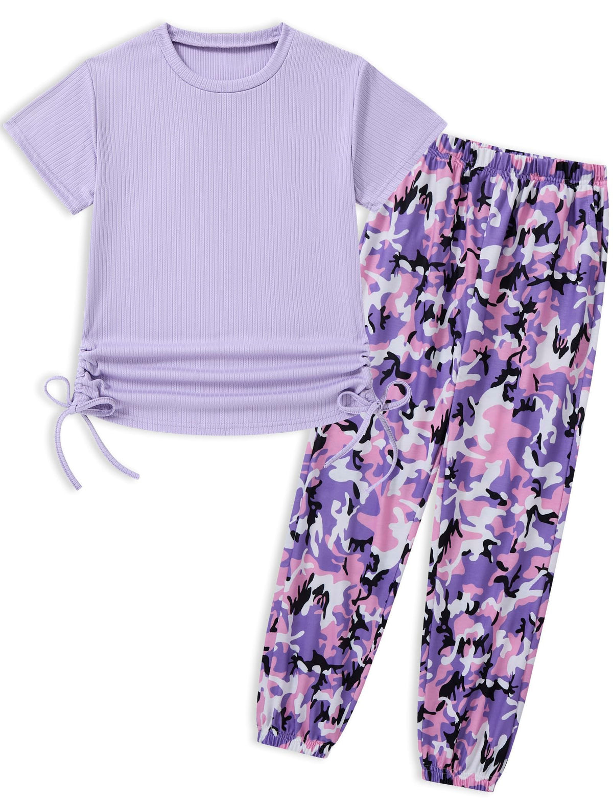 Girls Clothes Ruched Drawstring Short Sleeve Knit Top and Camo Print Pants 2 Piece Girls Outfits