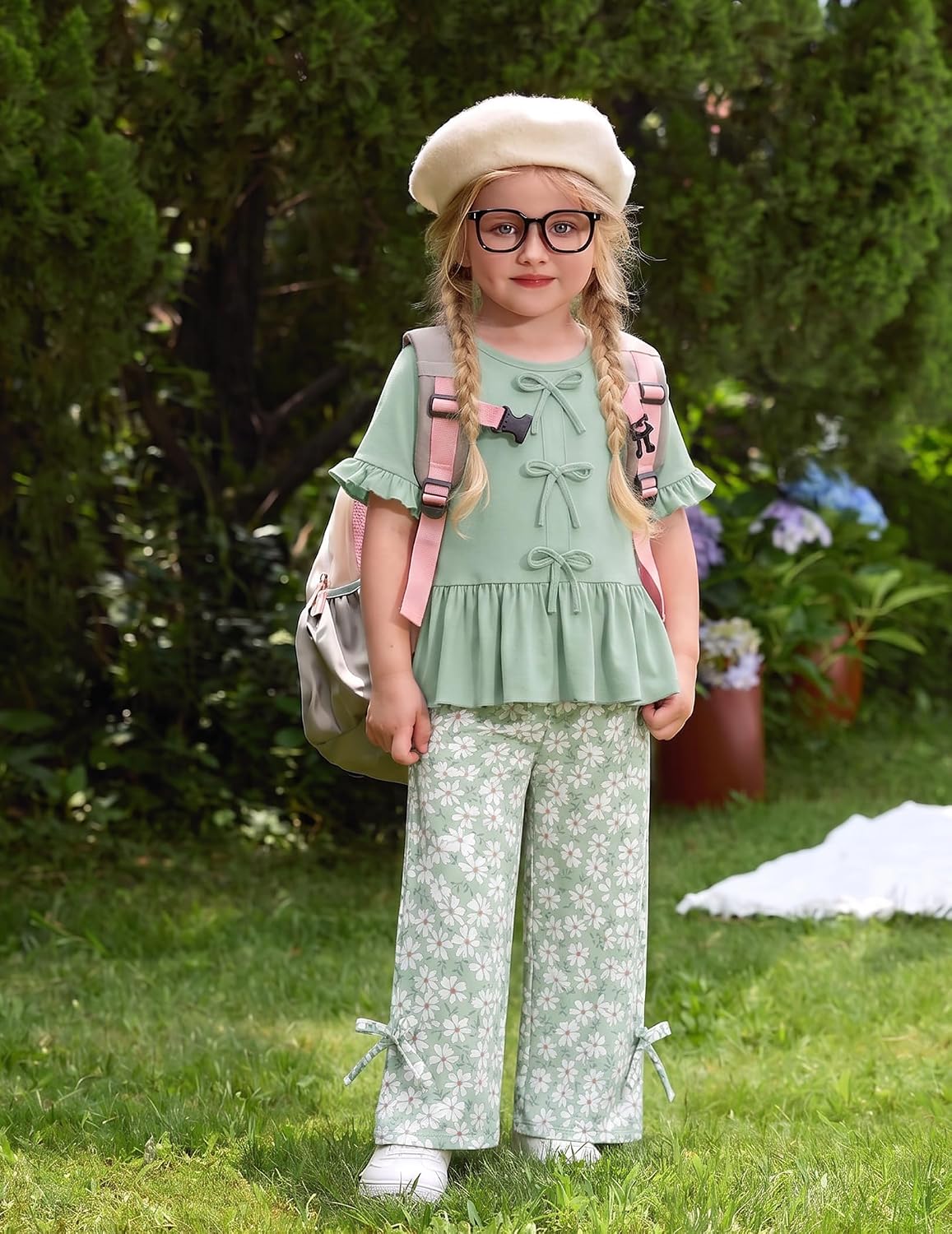 Arshiner Girls Clothes 2 Piece Outfits Butterfly Knot Top and Wide Leg Pant