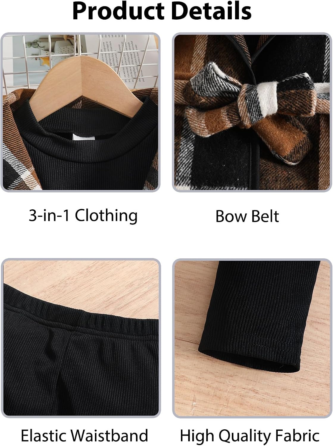 Kid Girls Clothes 3 Piece Outfits Plaid Flannel Belted Vest & Long Sleeve Top and Pants- Fall Clothing Sets