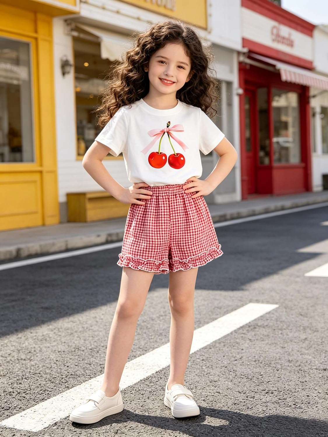 KIDLAGA Girls Shorts Sets 2 Pieces Outfits Bow/Cherry T-Shirt & Plaid Shorts Girls Summer Short Set 6-14Y