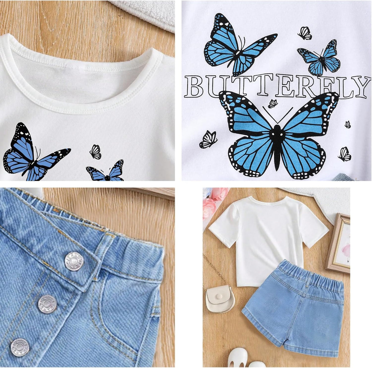 Girls Clothes 2PCS Butterfly Print Short Sleeve T-Shirt Denim Skirt Shorts Set Teen Tween Girls Summer Outfits Set
