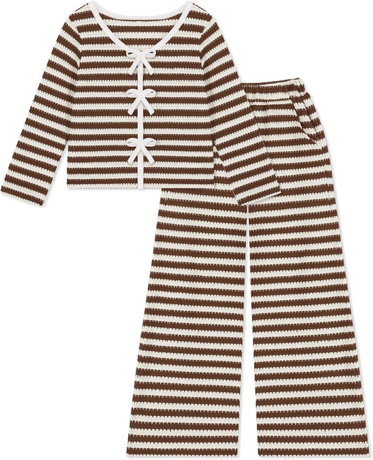Weixinbuy Girls 2 Piece Lounge Set - Striped Knit Top and Wide Leg Pants