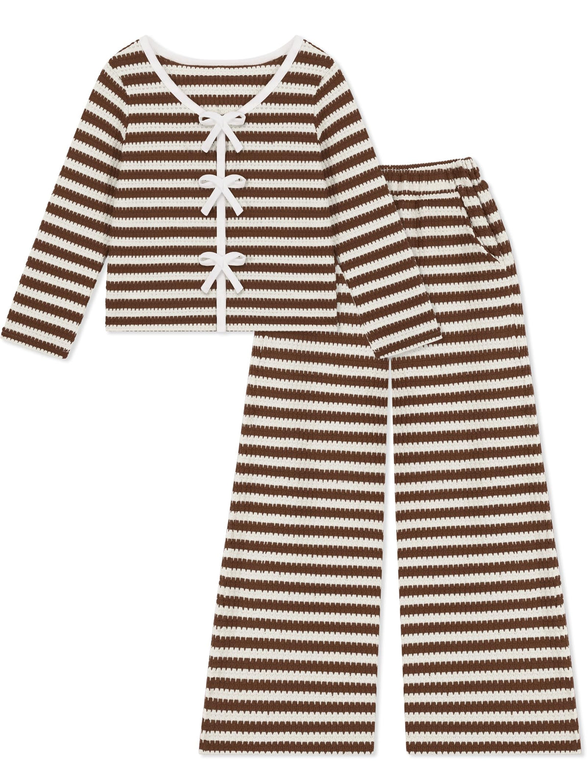 Weixinbuy Girls 2 Piece Lounge Set - Striped Knit Top and Wide Leg Pants